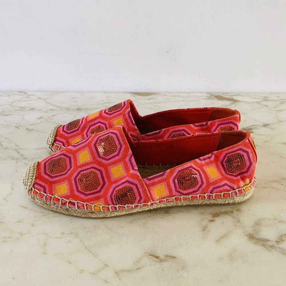 TORY BURCH Vivid Orange Octagon Sq Cecily Embellished Espadrille Flats - US 7